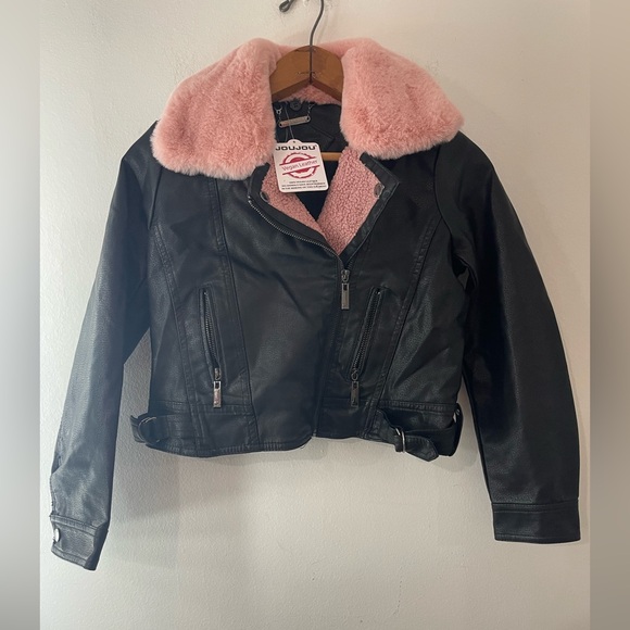 Jou Jou faux leather Black biker Jacket with Pink Fur Trim